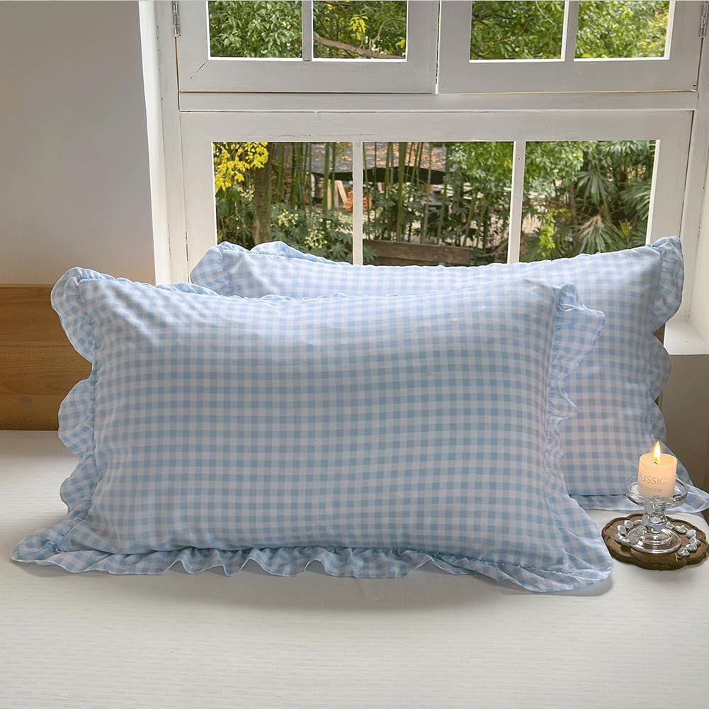 NSNLGSGC Light Blue Ruffled Plaid Gingham Standard Size Pillow Shams 20"x26", Set of 2 Checked Pre-Washed Microfiber Farmhouse Pillowcases for Bed/Sofa (20"x26", Light Blue Gingham)