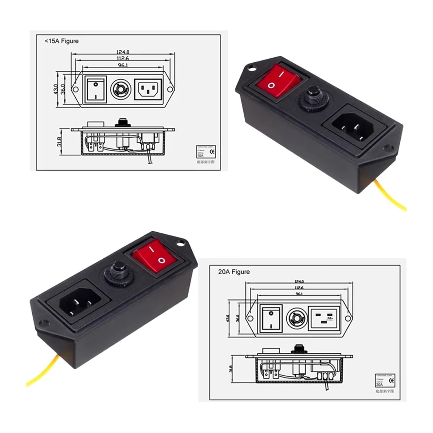 2-Pack 20A IEC C14 Power Socket with LED Rocker Switch with Overload Push Button Circuit Breaker