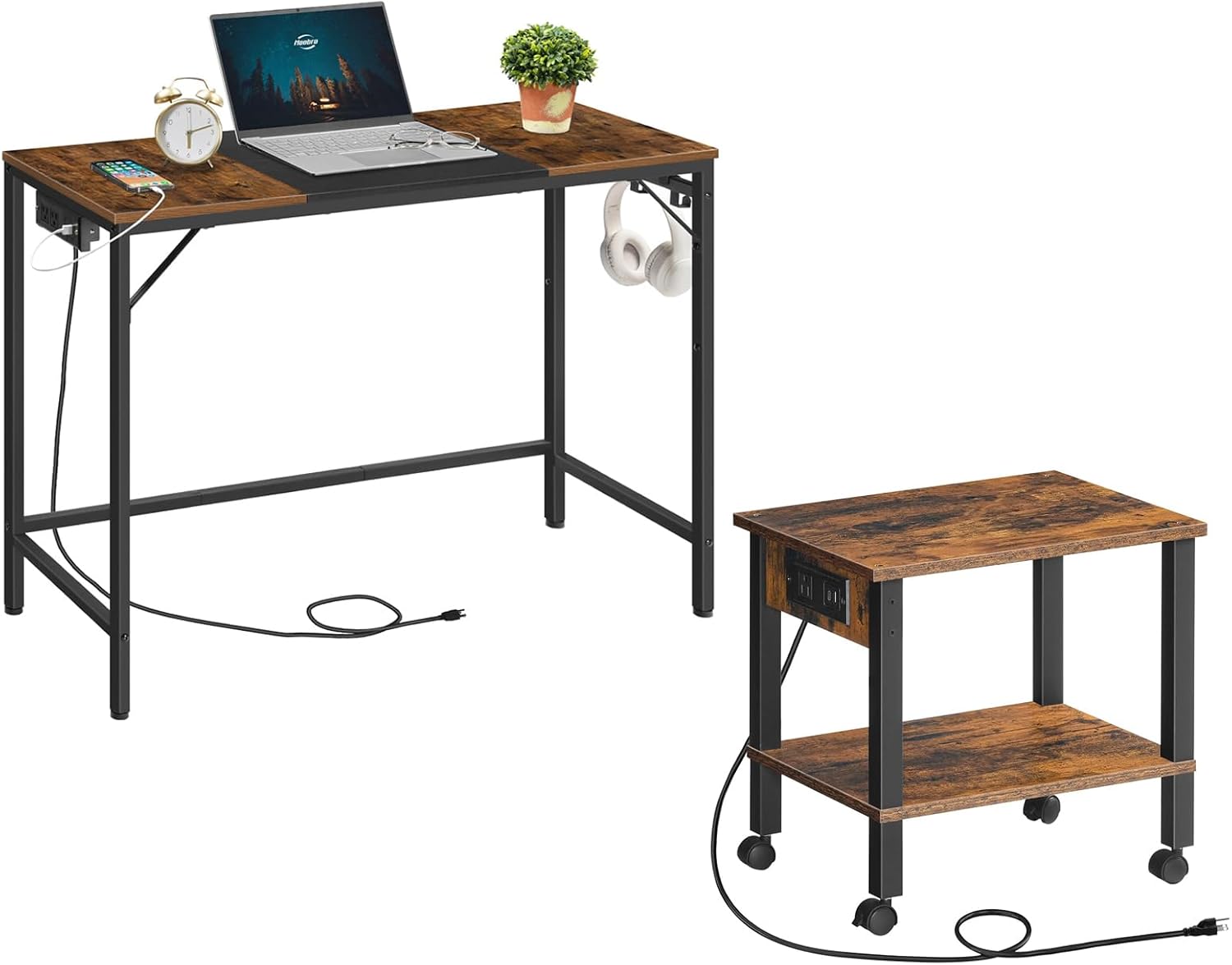 HOOBRO 2-Tier Printer Stand and Computer Desk Bundle, Under Desk Printer Table, 39.3 Inch Small Desk with Power Outlet, BF38UPS01-BF41UDN01