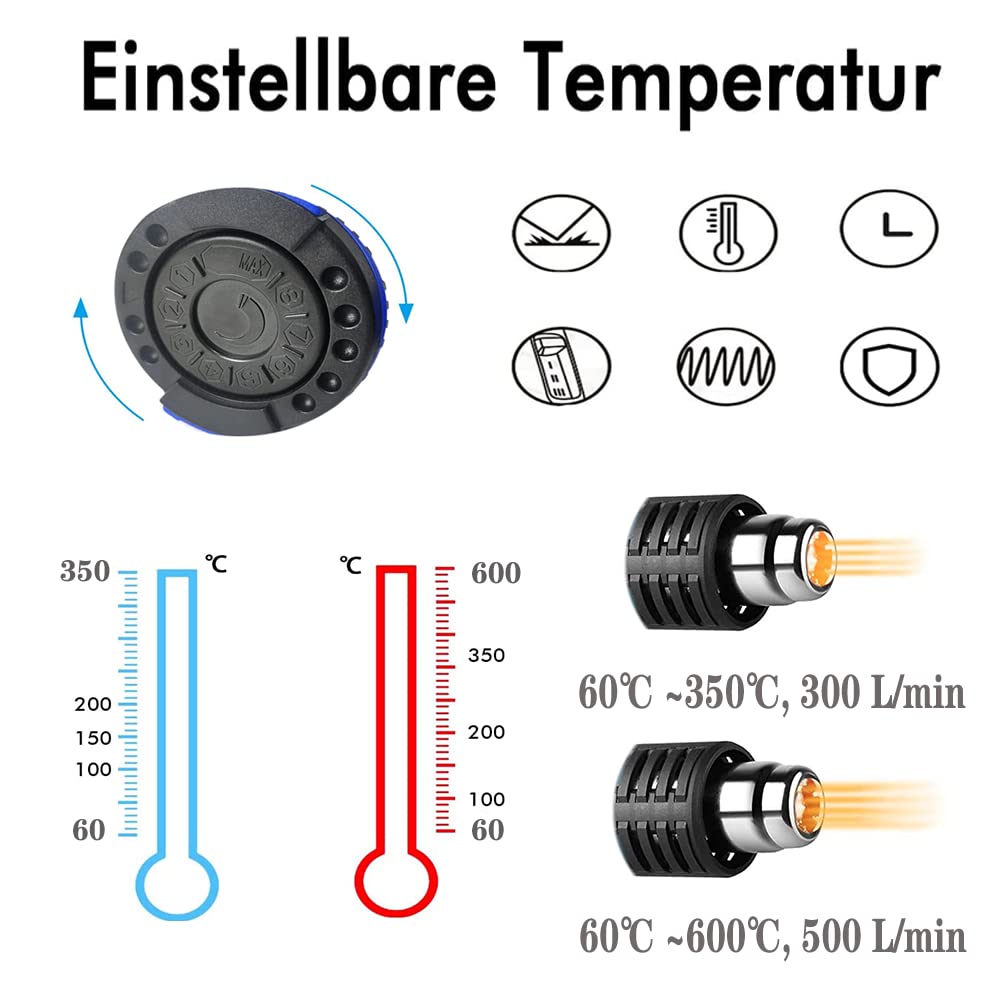Pistola ad aria calda professionale da 2000 W, 2 livelli di calore dell'intervallo di temperatura 60 – 600 ℃, 300 – 500 l/min, set di soffianti ad aria calda, per restringere il PVC, asciugare