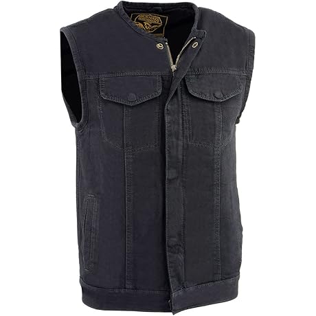 MDM3001 Men's 'Covert' Black Denim Collarless Club Style Motorcycle Biker Vest w/Dual Closure