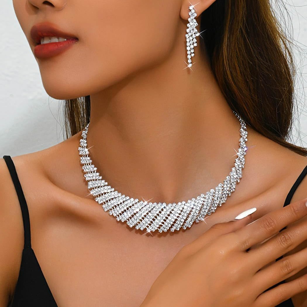 Gangel Silver Bridal Wedding Jewelry Set Rhinestone Necklace and Earring Formal Prom Crystal Choker Sets for Women - Image 2