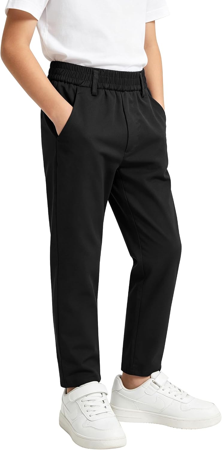 VOGRYE Boys School Uniform Pants 3 Pack, Stretch Pull-On Trousers with Elastic Waist & Pockets 6-14Y