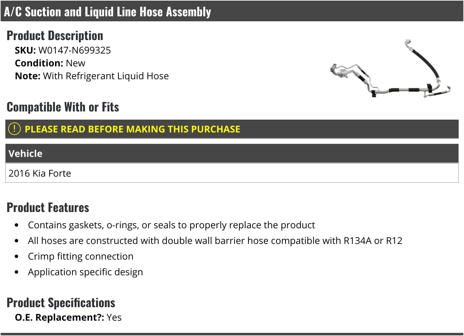 Marketplace Auto Parts A/C Suction and Liquid Line Hose Assembly - Compatible with 2016 Kia Forte