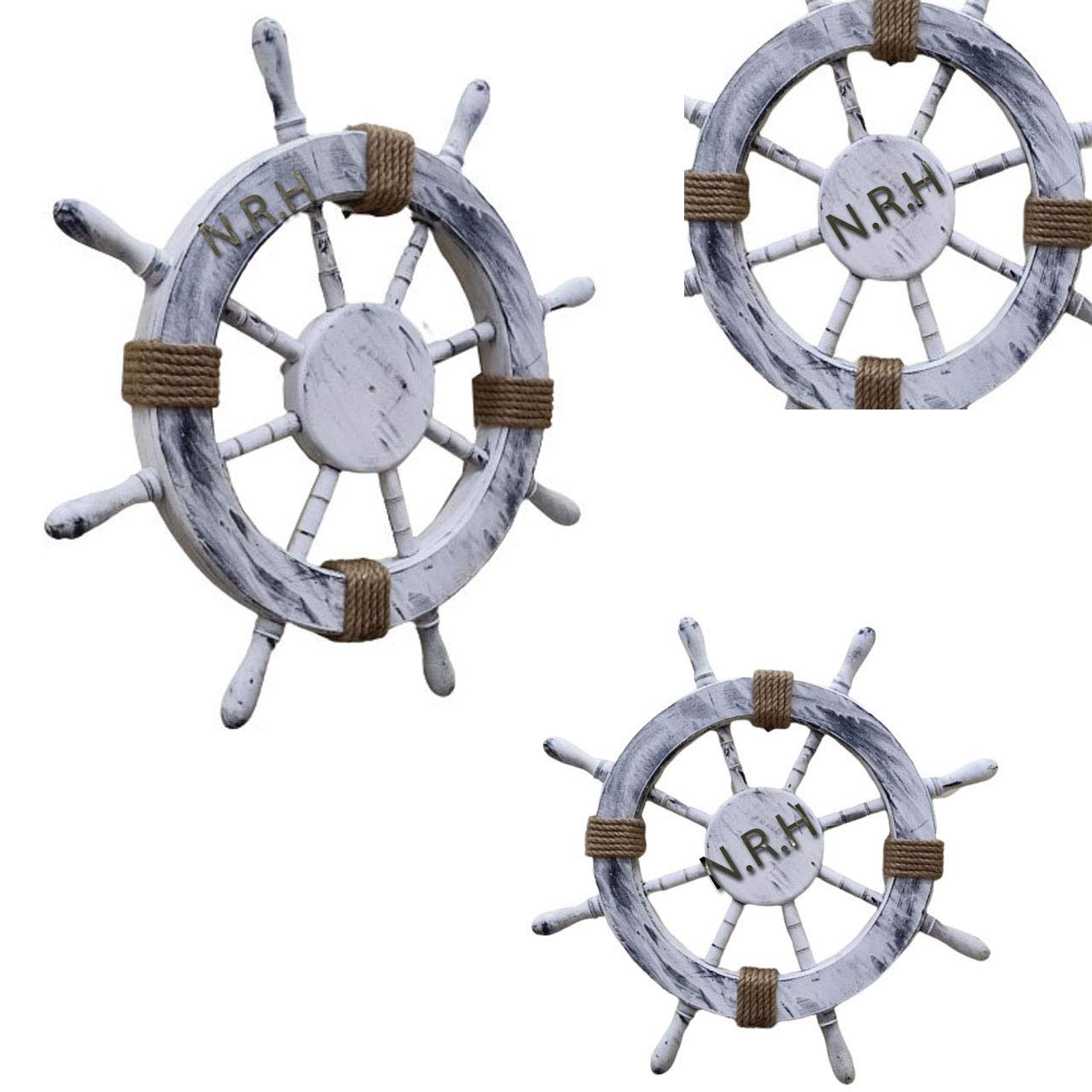 Nautical Replica Hub Dekoratives weiß gewaschenes Steuerrad Holz Schiffslenkung Handwerk Boot Rad 76,2 cm