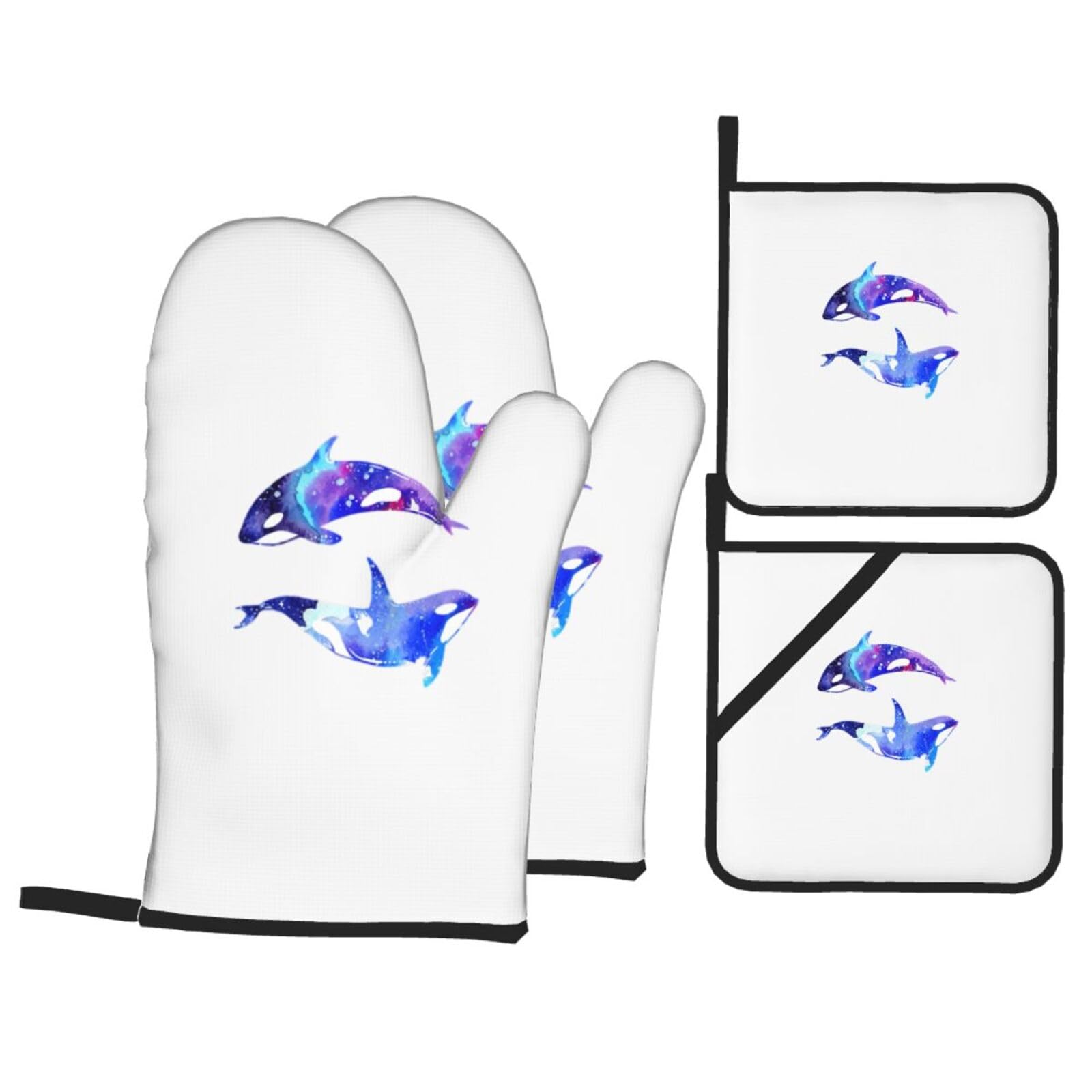 Nimongt Black Orca Killer Whale Print Heat-Resistant 4-Piece Oven Kitchen Gloves For Baking Cooking Microwaving Essentials