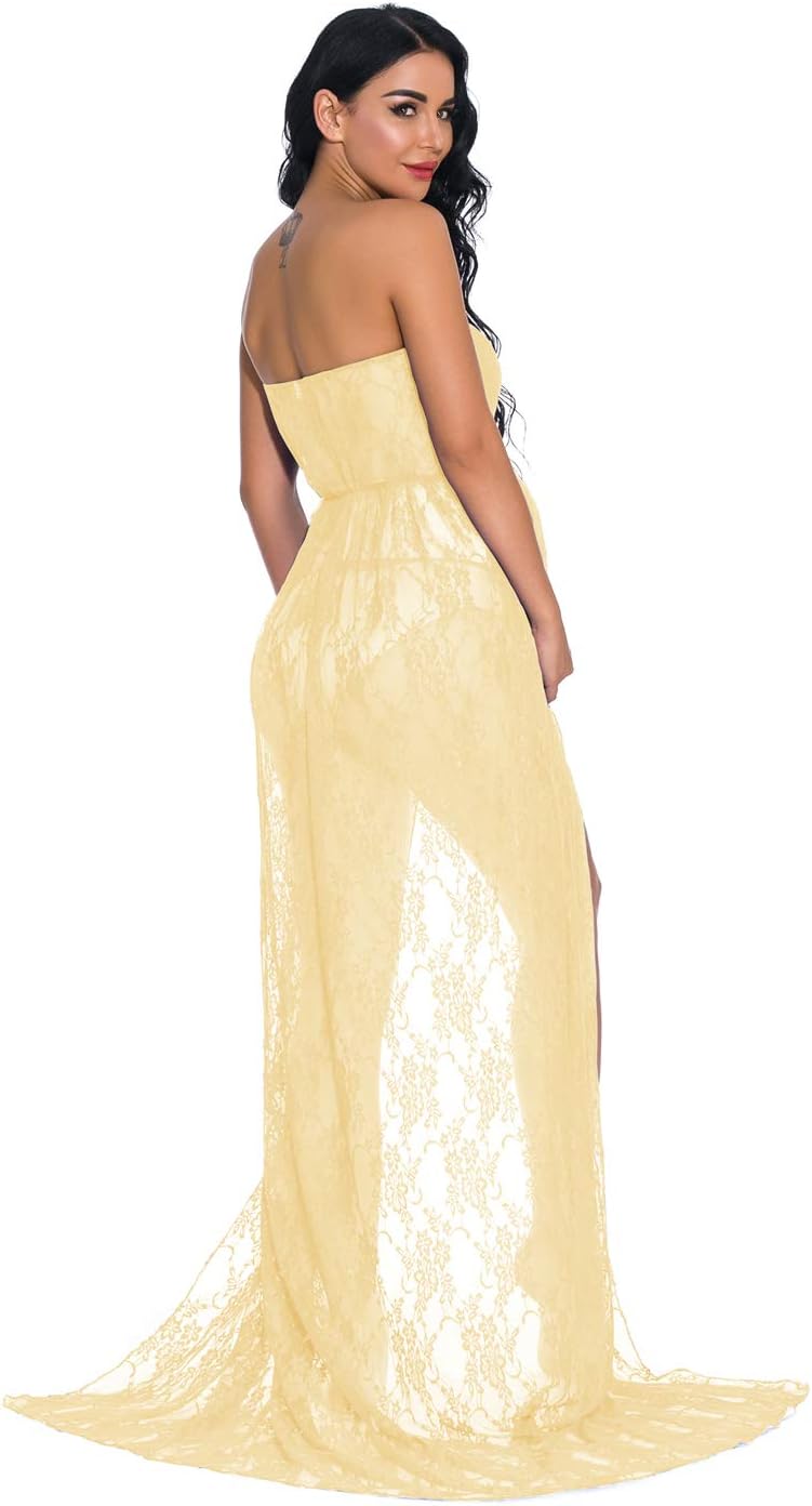 ZIUMUDY Women's Strapless See Through Lace Maternity Photography Gown Split Front Tube Dress