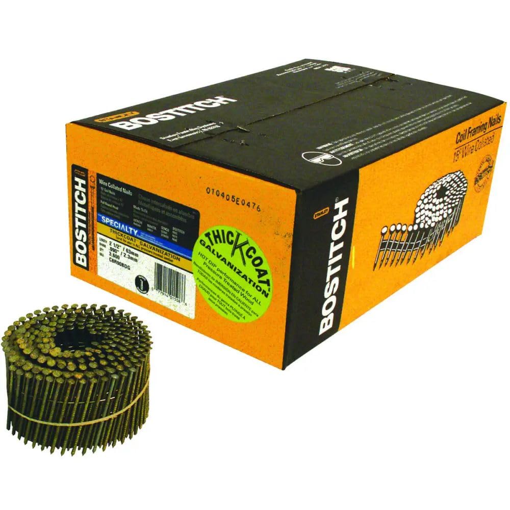 BOSTITCH Siding Nails, Wire Collated Coil, Thickcoat Galvanized, 15-Degree, Ring Shank, 2-1/2-Inch x .090-Inch, 3600-Pack (C8R90BDG)