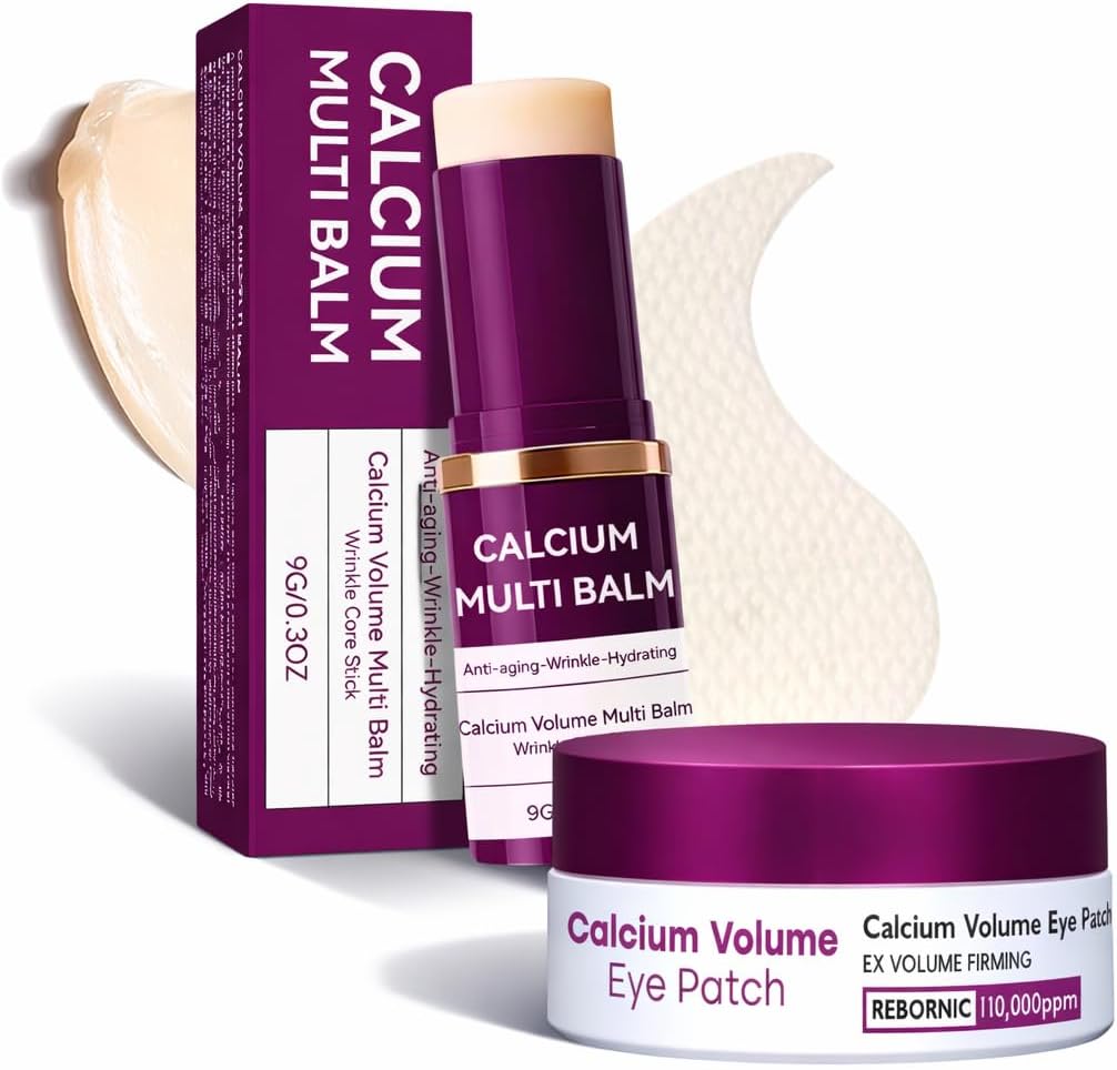 2PC Calcium Volume Multi Balm & Cemenrete Calcium Volume Eye Patch,Calcium Bundle Set,Under Eye Gel Patches for Wrinkles & Dullness,Anti-Aging Korean Moisturiser For Face Eye Lip Neck with 10000ppm
