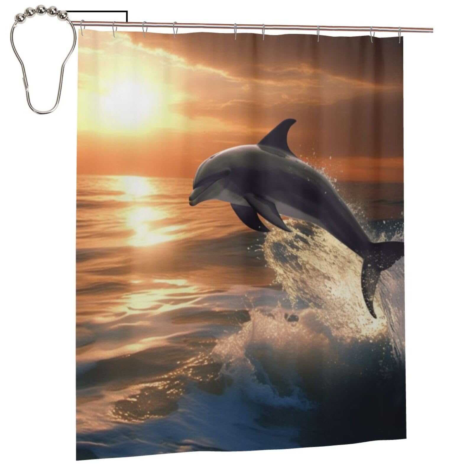 BWWHCCTI Beautiful Dolphin Printed Shower Curtain With 12 Iron Hooks Opaque Quick Drying Waterproof Shower Curtains Sets For Bathroom 152x183 Cm