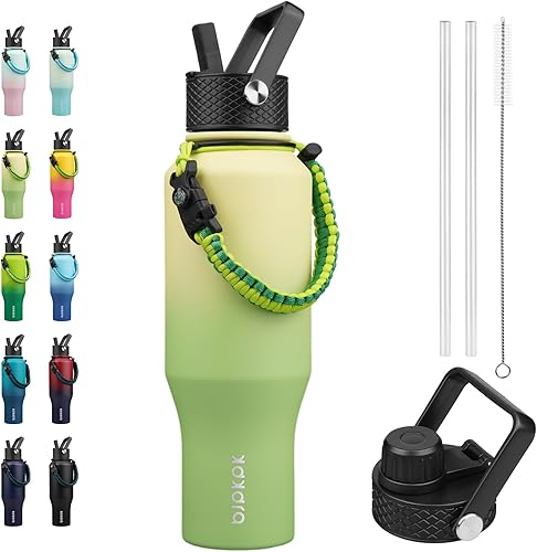 Miniatura 12 de BJPKPK Botellas de agua aisladas con tapa con pajita, botella de agua de metal de 23 onzas con 2 tapas y correa de paracord, vasos al vacío de acero