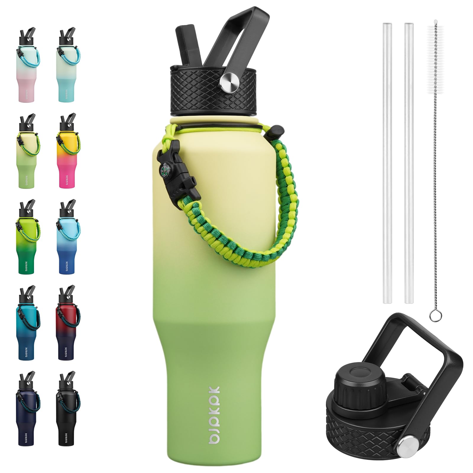 BJPKPK Insulated Water Bottles with Straw Lid, 35oz Metal Water Bottle with 2 lids & Paracord Strap, Double Wall Stainless Steel Vacuum Tumblers, Cups, Mugs, Thermos for Hot& Cold Drinks, Fresh Green