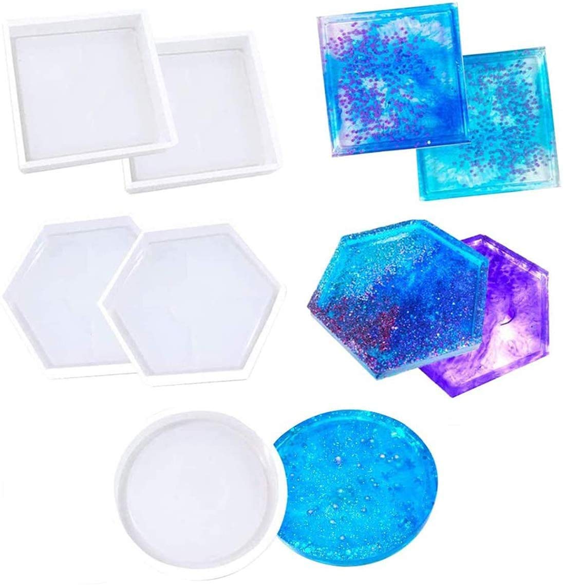 DELFINO 5 Pack Coaster Resin Mould Kit - Transparent Silicone Moulds in Hexagon, Square, Round Shapes for Epoxy Casting, DIY Craft