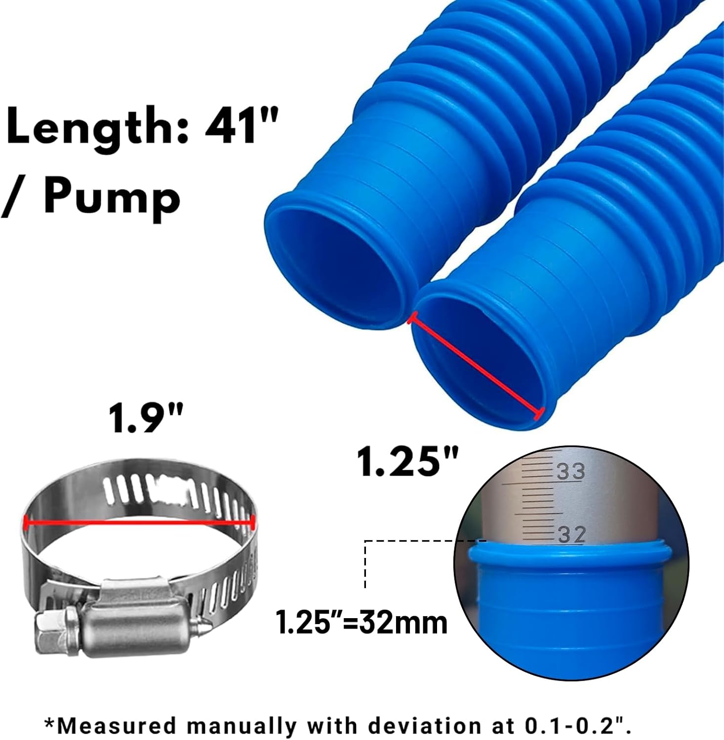 IDEASURE Pool Pump Replacement Hose, 1.25 x 41 Inch for compatible with Intex Filter Pump 607, 637 and 32mm Above Ground Pools include 6 Hose Clamps, Replace for compatible with Intex Hose
