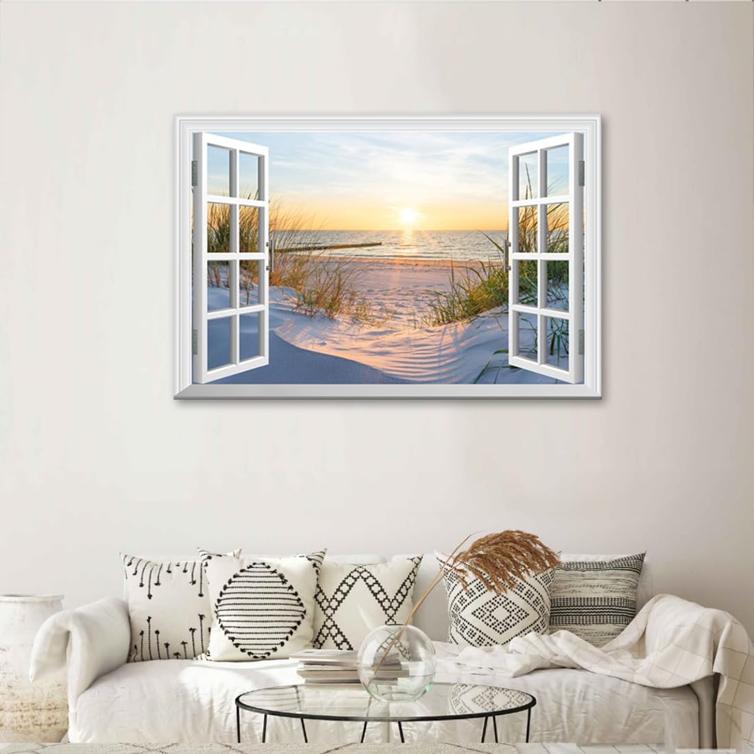 Beach Sunset Picture Wall Art Fake Open Window Ocean Natural Scene on Canvas Prints for Yellow Home Decor 48 x 32 View-11B 48"L x 32"W
