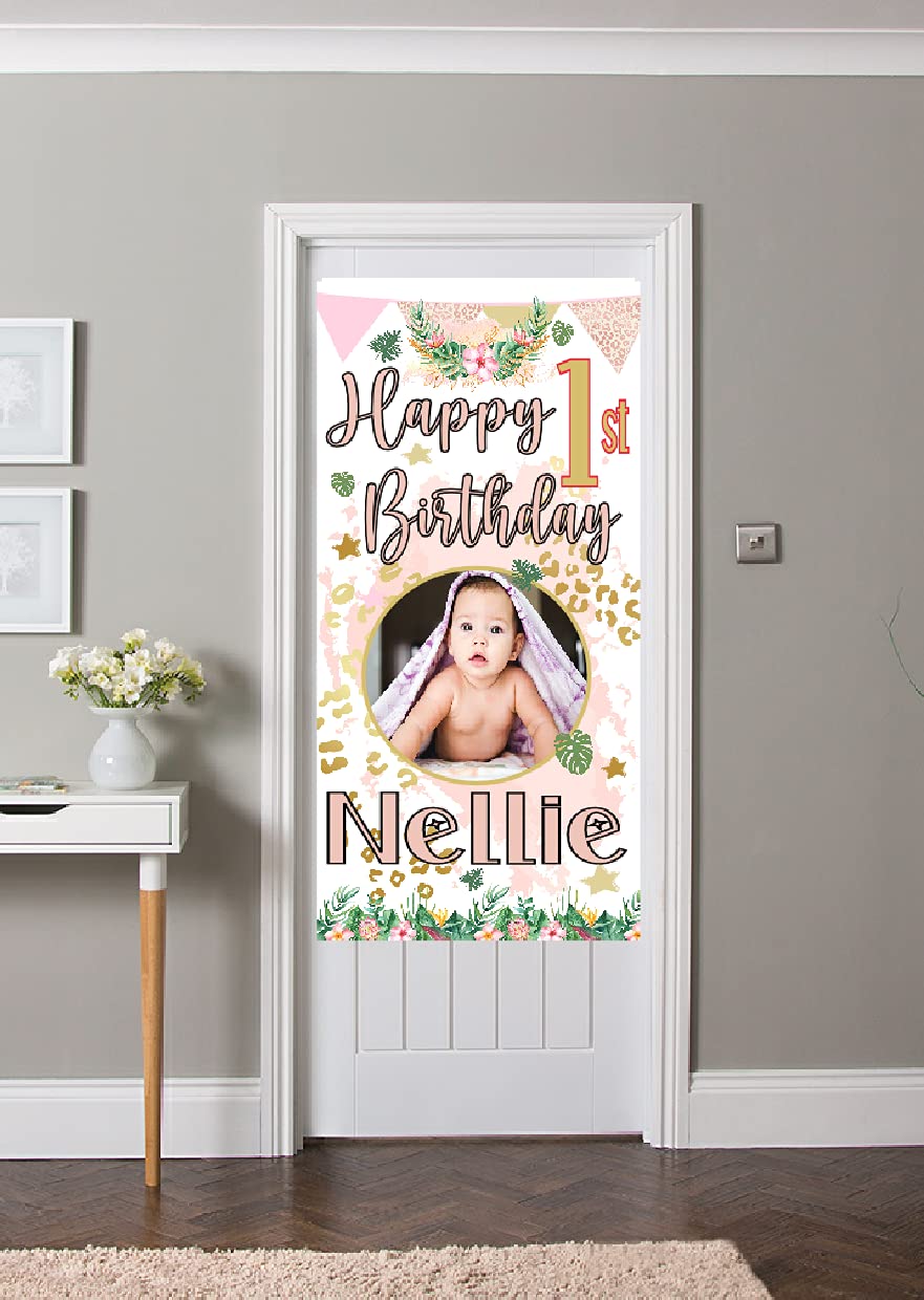 Personalised Safari Birthday Banner Welcome Sign Pink Jungle Animals Party Decorations Large 4ftx2ft Any Name Age with Photo (122x61cm) first 1st 2nd 3rd 4th 5th girls wild one Door Poster