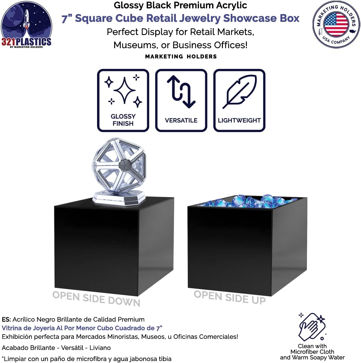 7 Inch Acrylic Display Box with One Open Side Black Versatile Square Plastic Merchandise Storage Bin or Retail Product Riser by Marketing Holders