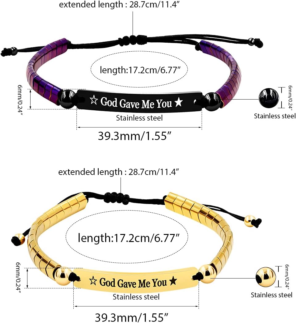 Personalized Handmade Braided Rope ID Plate Couples Bracelets for Women Men Dad Stainless Steel Engraving Name Plate Friendship with Black Natural Hematite Stone Y1456 (YellowGod-PurpleGod)