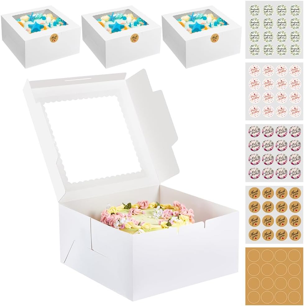Kootek 15PCs Cake Boxes 10 inch, Disposable Cake Carrier Storage Containers | 10x10x5 inches Cake Box, Stickers Included, White Cake Carrier Holder with Large Window, for Birthday, Wedding, Party