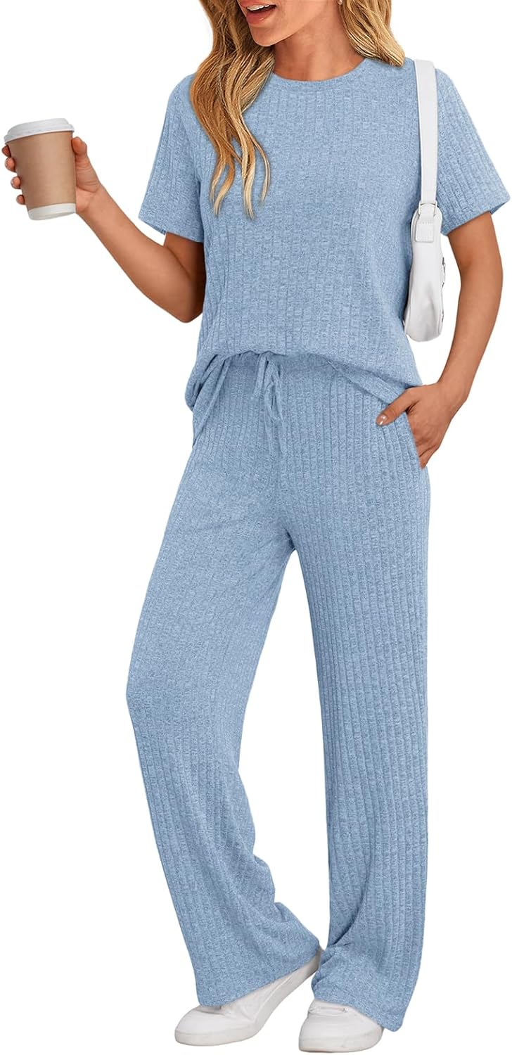 LILLUSORY 2 Piece Lounge Sets for Women Summer Vacation Outfits Fall Pajamas 2025 Matching Ribbed Casual Wide Leg Pants Sets