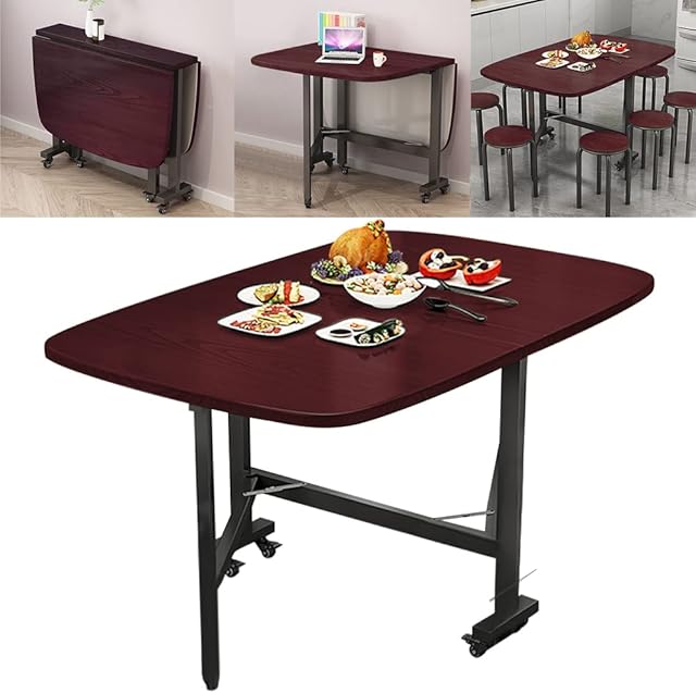 Rukulin Foldable Kitchen Table Dining Room Table Mobile Space Saving Versatile Drop Leaf Dinner Table with 6 Wheels,Foldable in Three Forms Table (Brown)