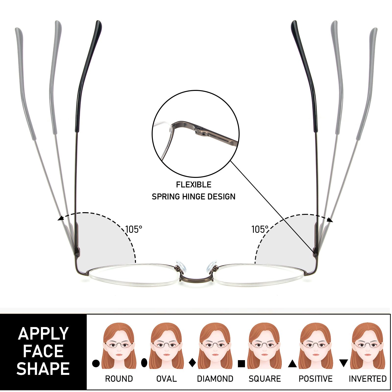 KoKoBin 2 Pack Reading Glasses Unisex Half Moon Half Frame Metal Spring Hinge Slim Reader (Black Gold, 1.00, Dioptres) - Image 4