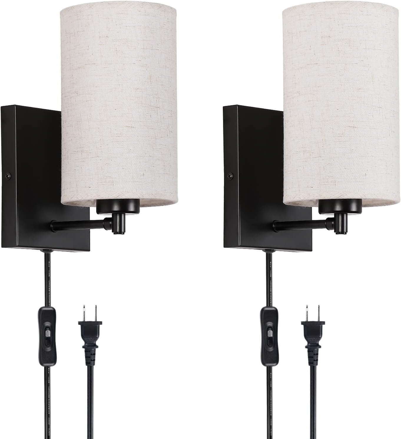 Modern Wall Light Set of 2 Cylindrical Beige Fabric Shade Wall Sconce with Plug-in Cord and On/Off Switch Indoor Wall Lamp for Living Room Dining Room Bedside Reading
