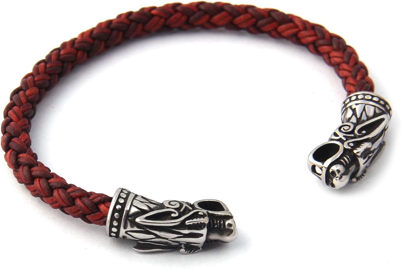 BAVIPOWER Handcrafted Fenrir Wolf Head Torc Bangle Bracelet Flexible Brown Genuine Leather Stainless Steel Norse Scandinavian Bracelet Authentic Viking Men Bracelet