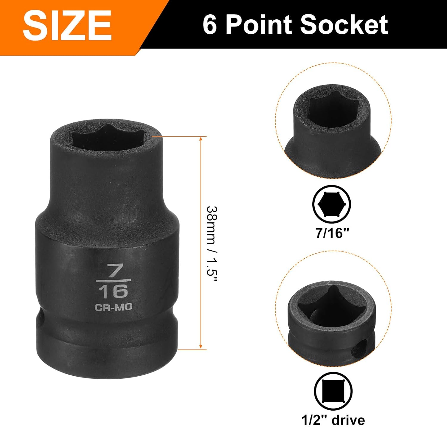 HARFINGTON 6 Point Shallow Impact Socket 7/16" Socket 1/2" Square Drive 38mm (1.5") Long 40cr Alloy Steel for Home Auto Axle Hex Nuts Bolts Repair, Black