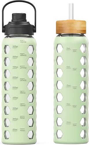 MUKOKO Botellas de agua de vidrio, vaso de vidrio de 32 onzas con popote, botellas para beber con 2 tapas, tapa de boquilla con asa y tapa de popote