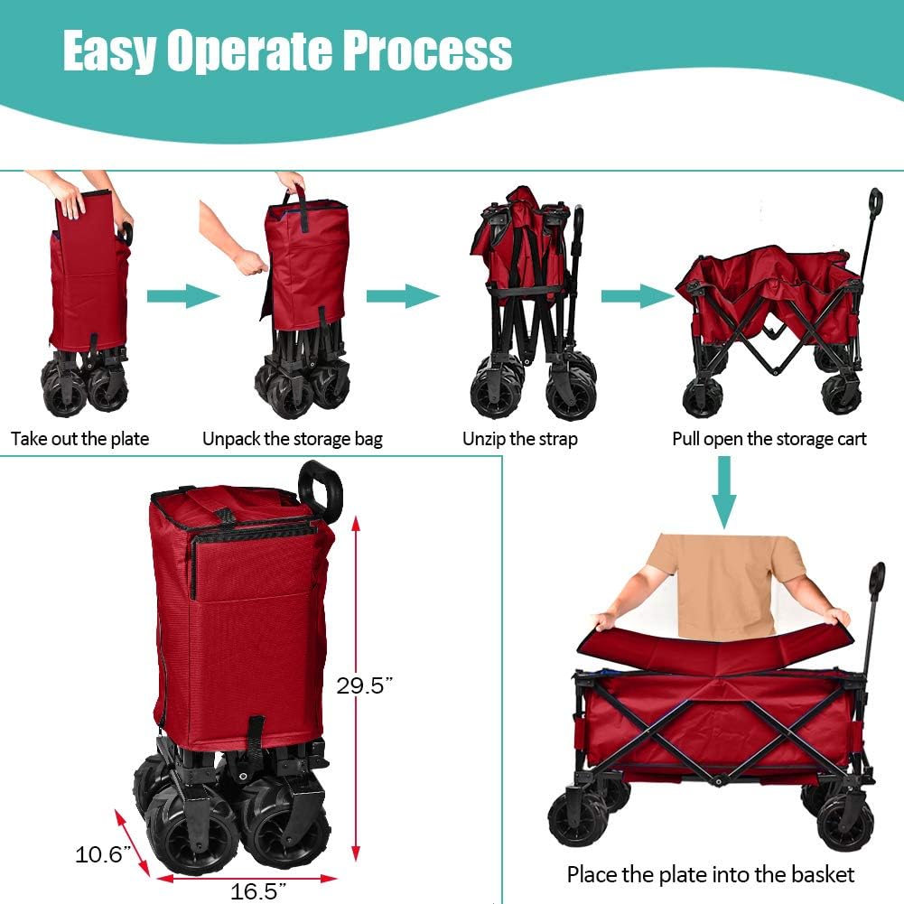 JOVNO Multipurpose Large Capacity Beach Wagon Cart Heavy Duty Folding Wagon with Big Wheels & Adjustable Handle, Collapsible Utility Wagon Beach Cart for Garden, Outdoor, Camping and Picnic (Red)