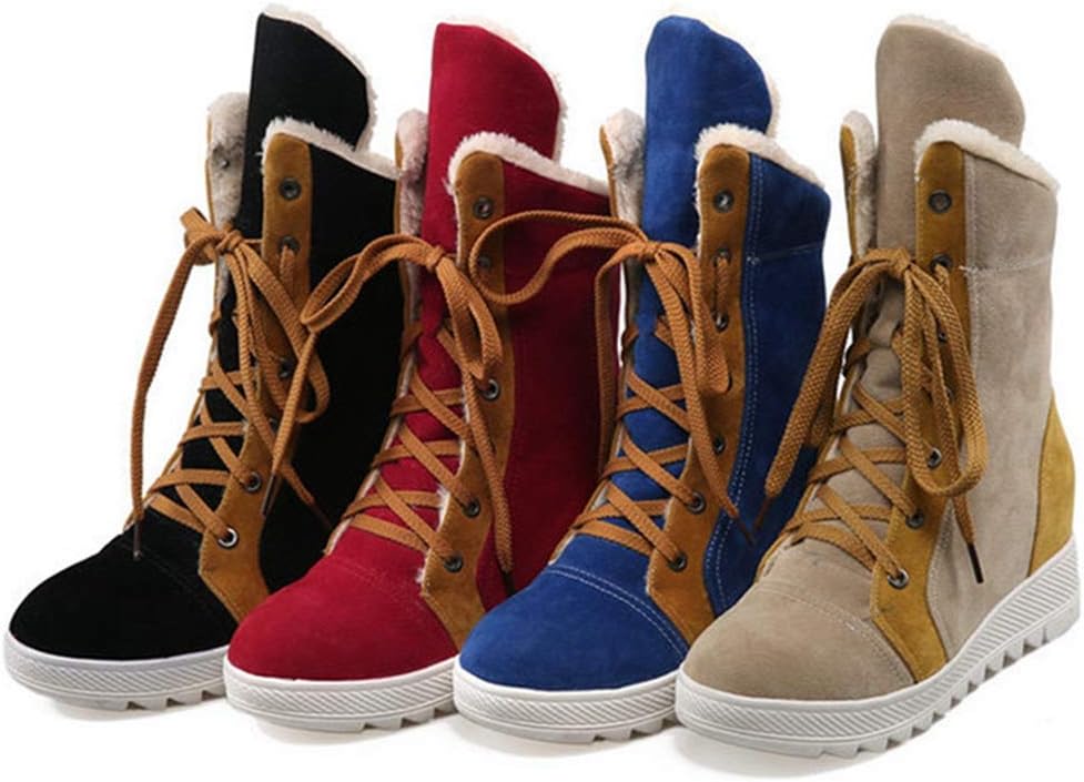 MIOKE Women's Lace Up Winter Fur Snow Ankle Boots Suede Hidden Mid Heel Wide Warm Cotton Snow Short Booties