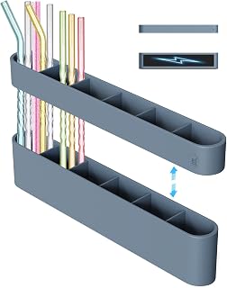Magnetic Straw Holder for Refrigerator, Silicone Reusable Straw Dispenser Organizer, Can Move Freely And Adjust Height, for Kitchen Refrigerator (Magnetic Blue)