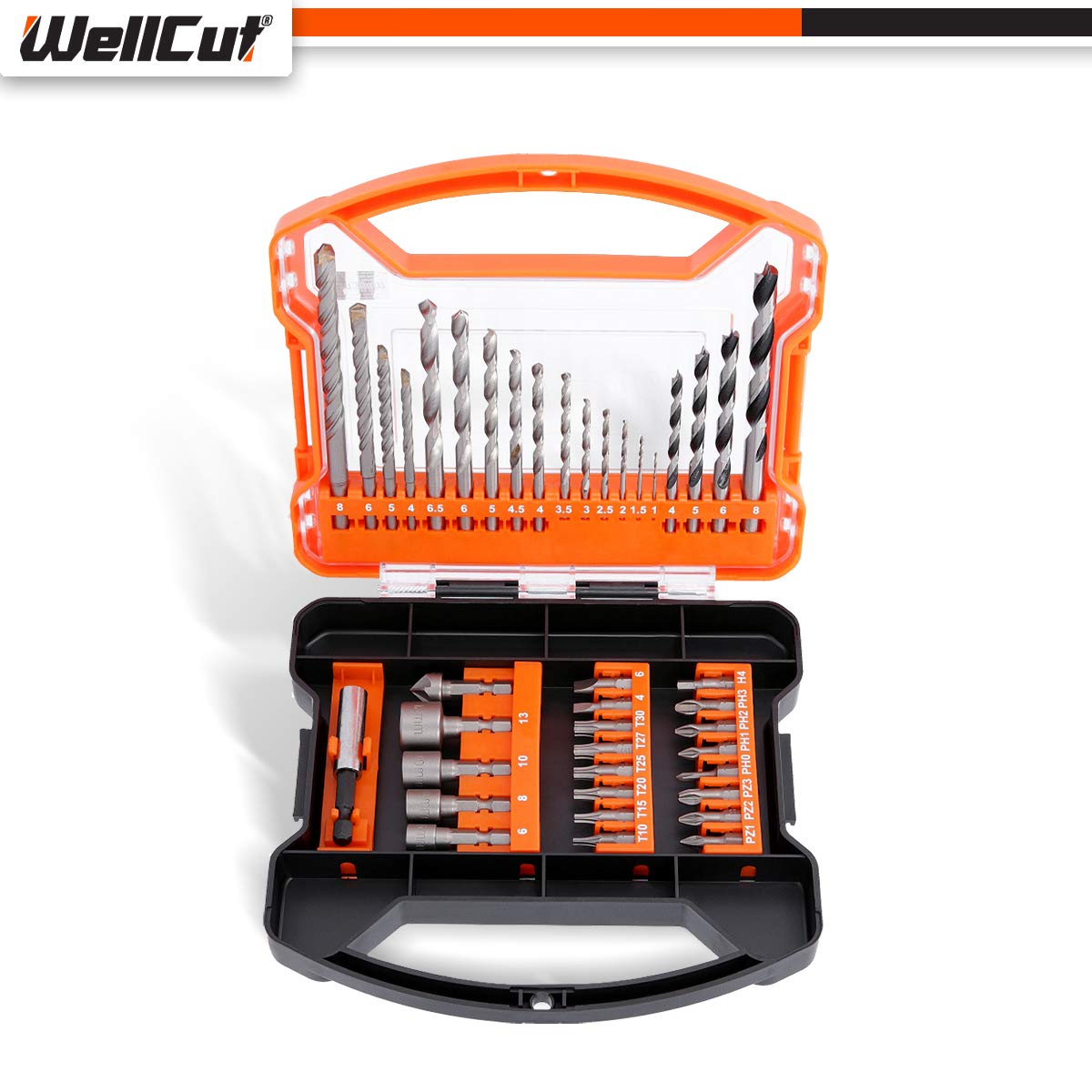 WellCut Set di 41 punte per cacciavite, set durevole e custodia portatile con accessori per trapano, per muratura, metallo, legno, riparazione progetti fai da te