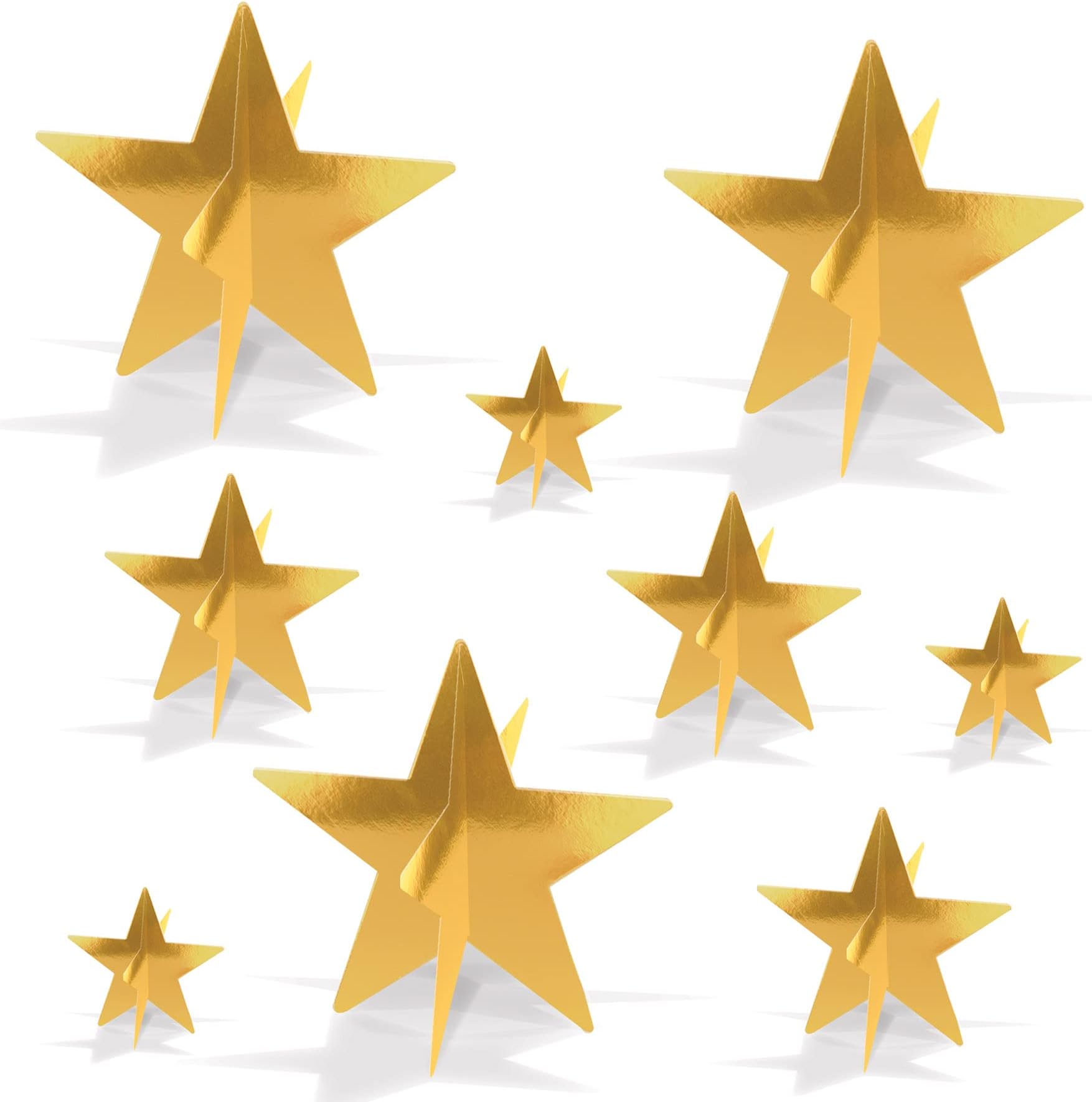 Gold 3-D Foil Star Centerpieces, 9-Count – Metallic Starry Table Decorations in 3 Sizes for New Year’s Eve, Awards Night, Graduation, Hollywood Party, Anniversary and Celebration Events