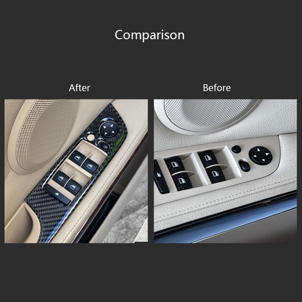 4pcs Carbon Fiber Car Window Switch Button Panel Frame Cover Trim Decoration Sticker for 3 Series E90 2005-2012 (Type B)