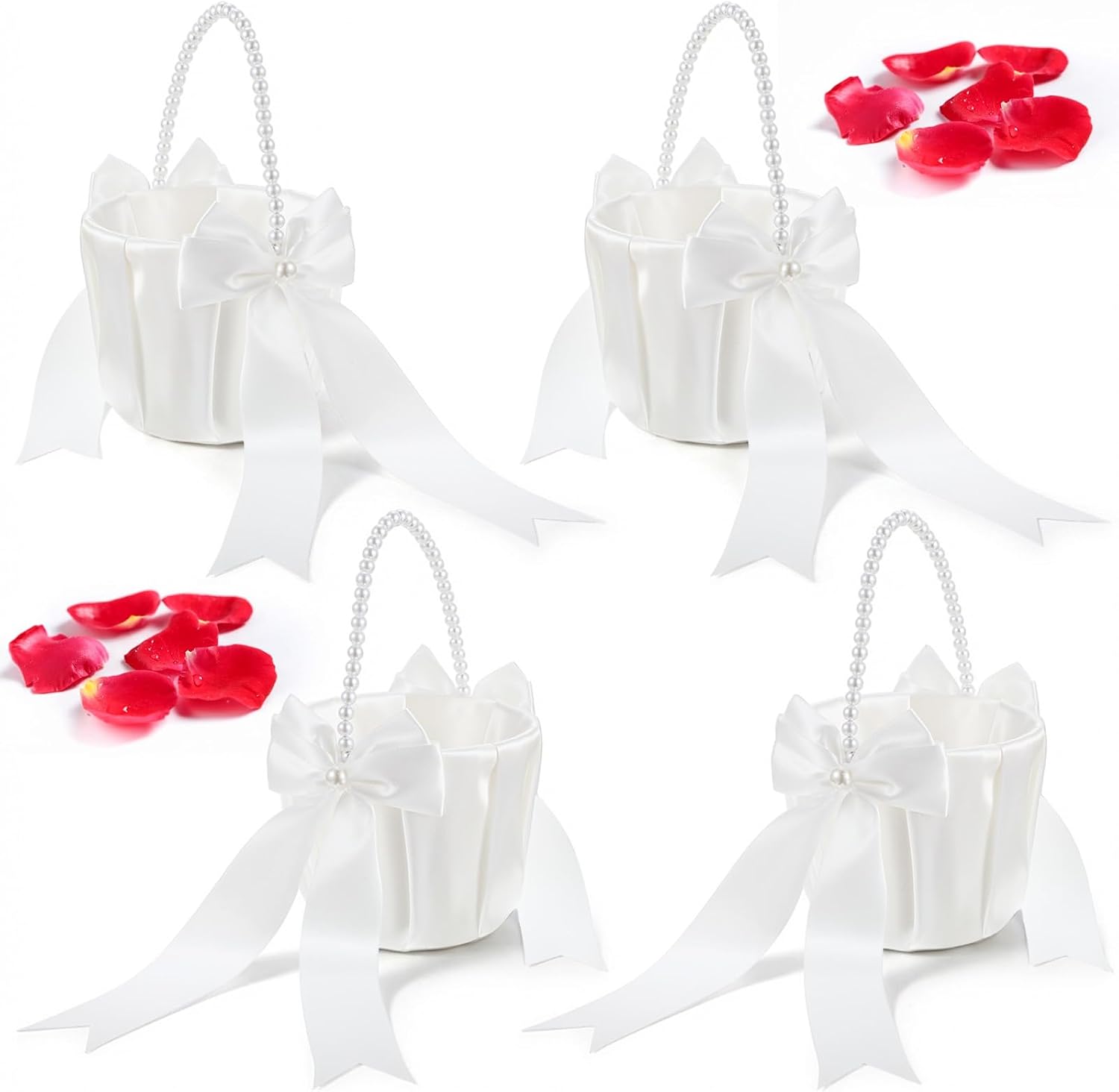 4 Pcs White Flower Girl Baskets with Pearl Handle, Ivory Fariy Satin Wedding Baskets, Bowknot Western Wedding Basket for Flower Girls for Anniversary, Weding Banquet Party Supplies