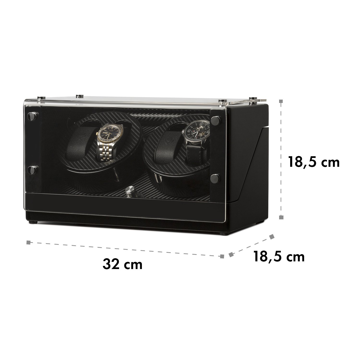 Klarstein CA2PM - Uhrenbeweger, Uhrendreher, Uhrenkasten, Uhrenbox, Kapazität: 4 x Automatikuhr, 4 Bewegungs-Modi, Sichtfenster, Karbon-Optik, Pianolack, Netz- & Batteriebetrieb, schwarz