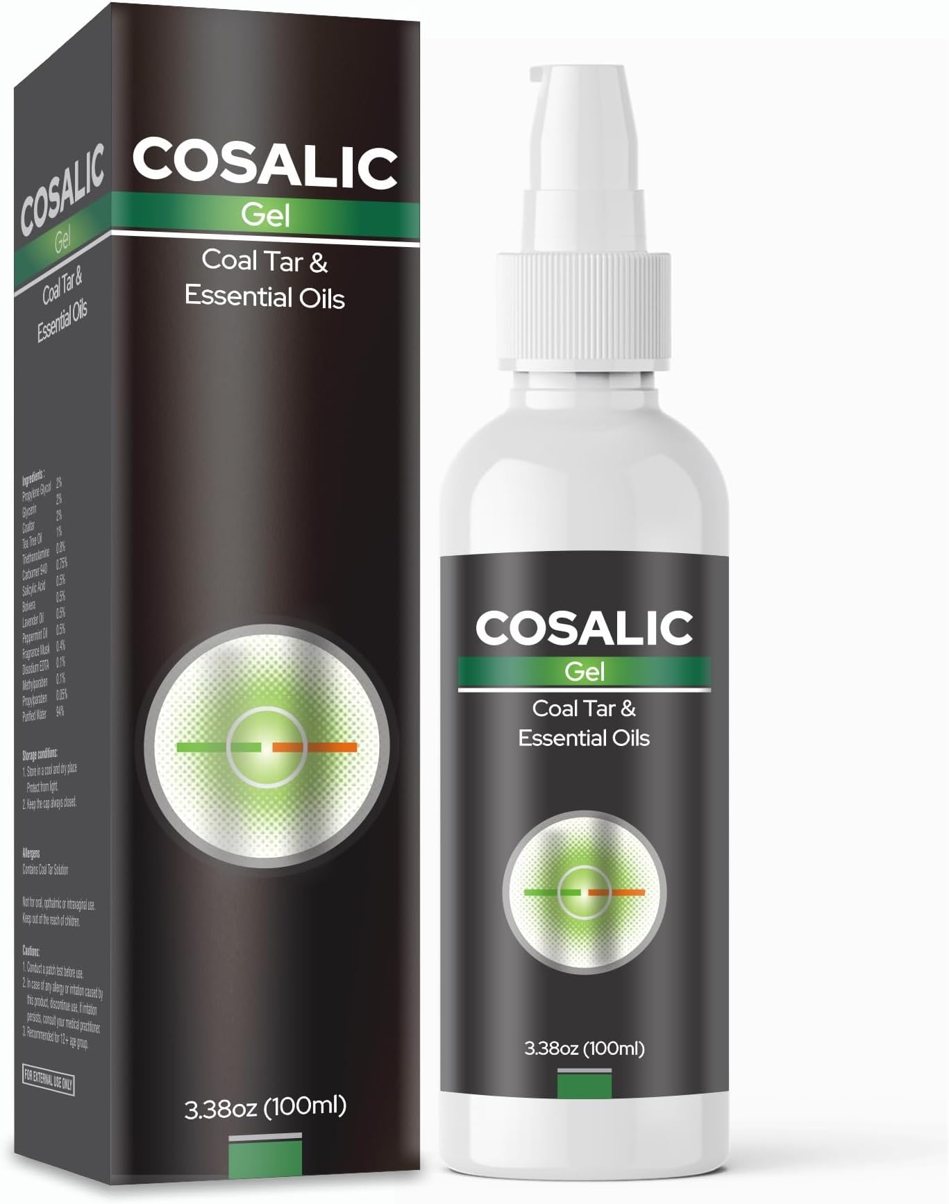 Cosalic Gel with Coal Tar & Essential Oils 100ml / 3.38 fl oz | Topical Gel for Scalp & Skin | Non-Greasy Texture | External Use Only