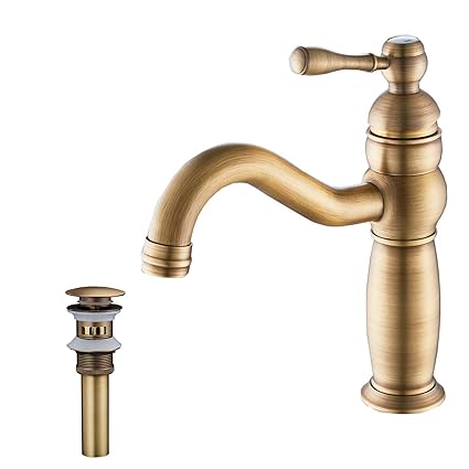 GGStudy Single Handle One Hole Bathroom Sink Faucet Basin Mixer Tap Antique Brass Supply Hose Include