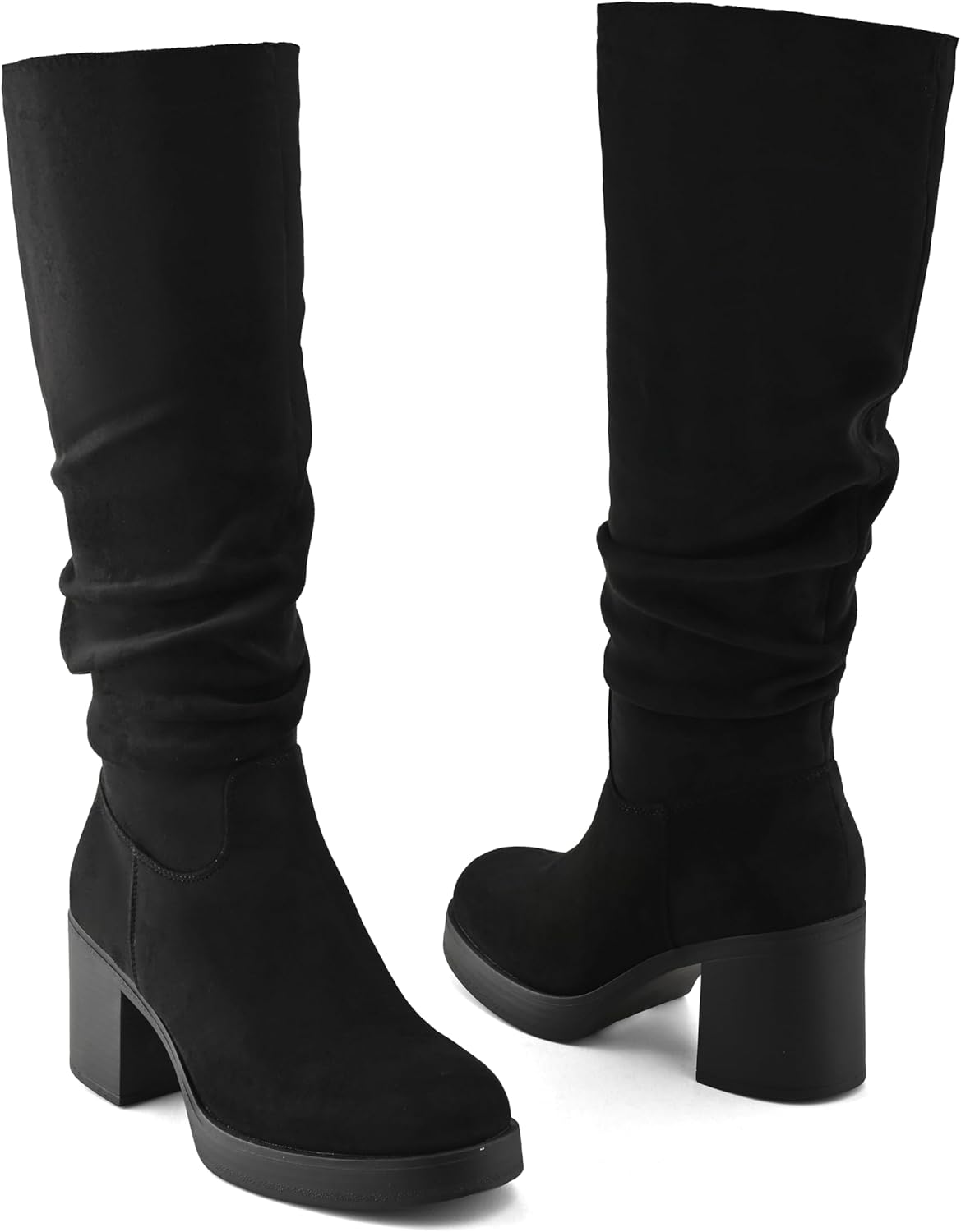 Shoe'N Tale Knee High Boots for Women Chunky Heel Platform Slouchy Stretchy Suede Round Toe with Side Zipper Fall and Winter Fashion Comfortable Boots