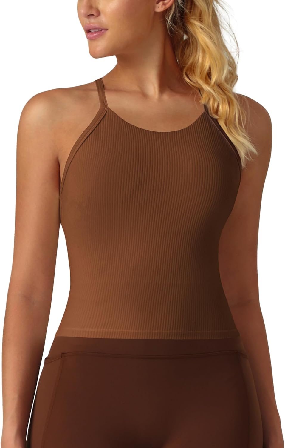 Womens Crop Tank Tops Seamless Yoga Sports Bra Padded Workout Halter Neck Camisole with Built in Bra