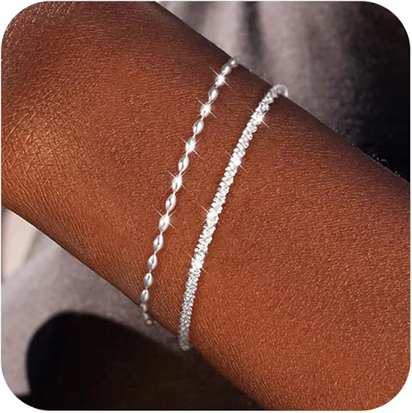 Freekiss Sterling Silver Chain Bracelet: Dainty Stackable Bracelets for Women Trendy Cute Adjustable Layered Paperclip Womens Bracelet Set Silver Waterproof Jewelry for Women