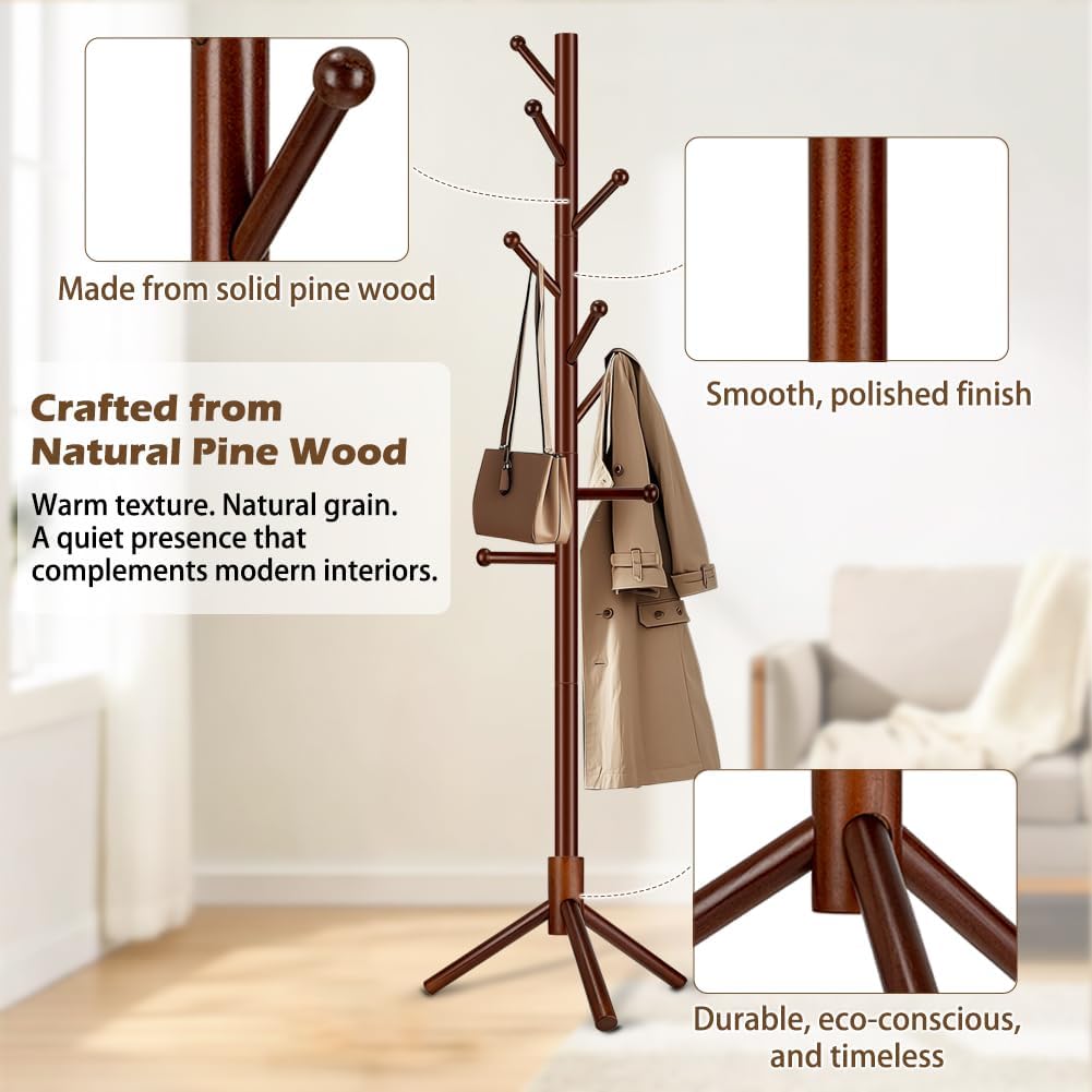 Wooden Coat Rack Freestanding, Adjustable Height Solid Wood Clothes Stand with 8 Ball-End Hooks, Stable Tripod Base, 5.7FT Floor Coat Tree for Entryway Bedroom Office, Brown