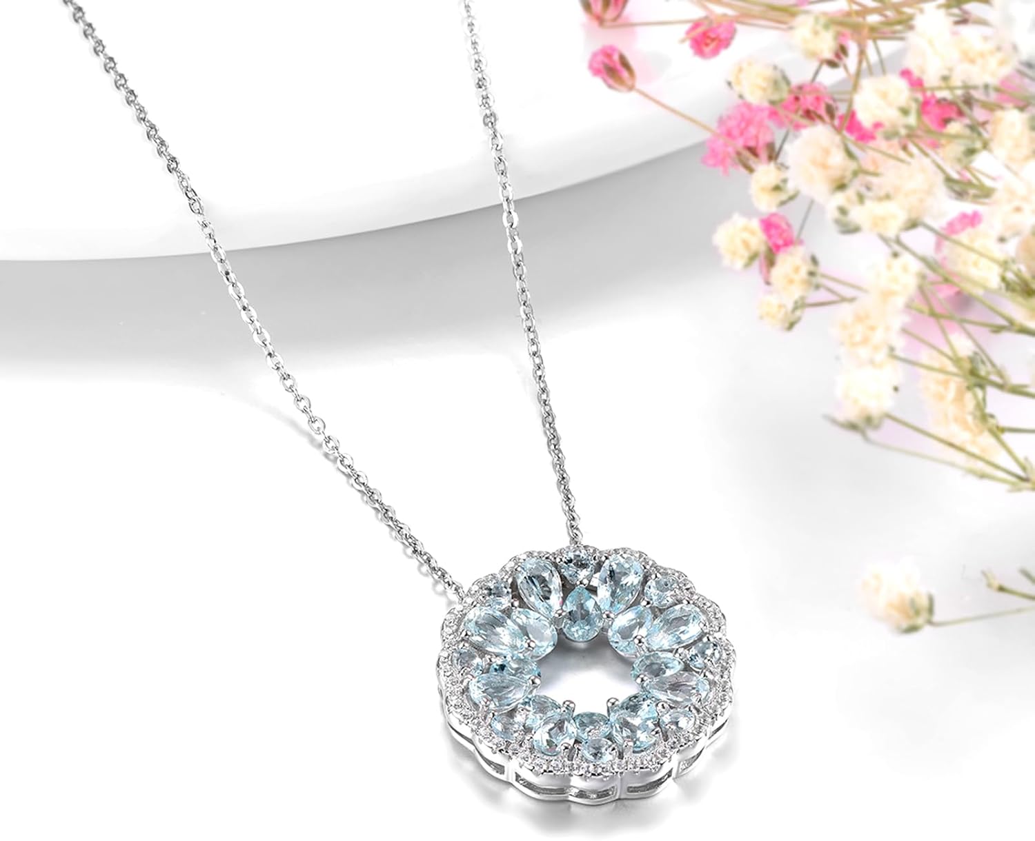 Pendant Necklace for Women S925 Sterling Silver Real Genuine Natural Gemstone Aquamarine Tanzanite Elegant Flower Style Birthstone Charm Women's Fine Jewelry for Her