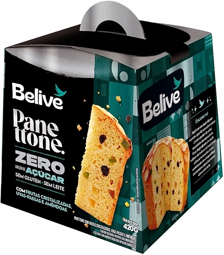 Panetone Sem Açúcar Sem Glúten Sem Leite com Frutas Cristalizadas, Uvas Passas e Amêndoas Belive 420g