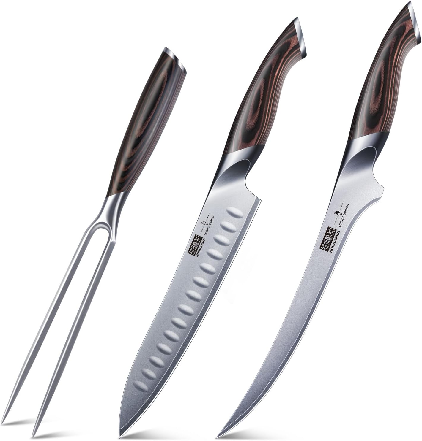 HOSHANHO Fillet Knife 9 Inch & 8 Inch Carving Knife & 7 Inch Fork Set, Professional Japanese High Carbon Steel Razor Sharp Butcher Brisket Slicing Knife Set for Meat Cutting, BBQ