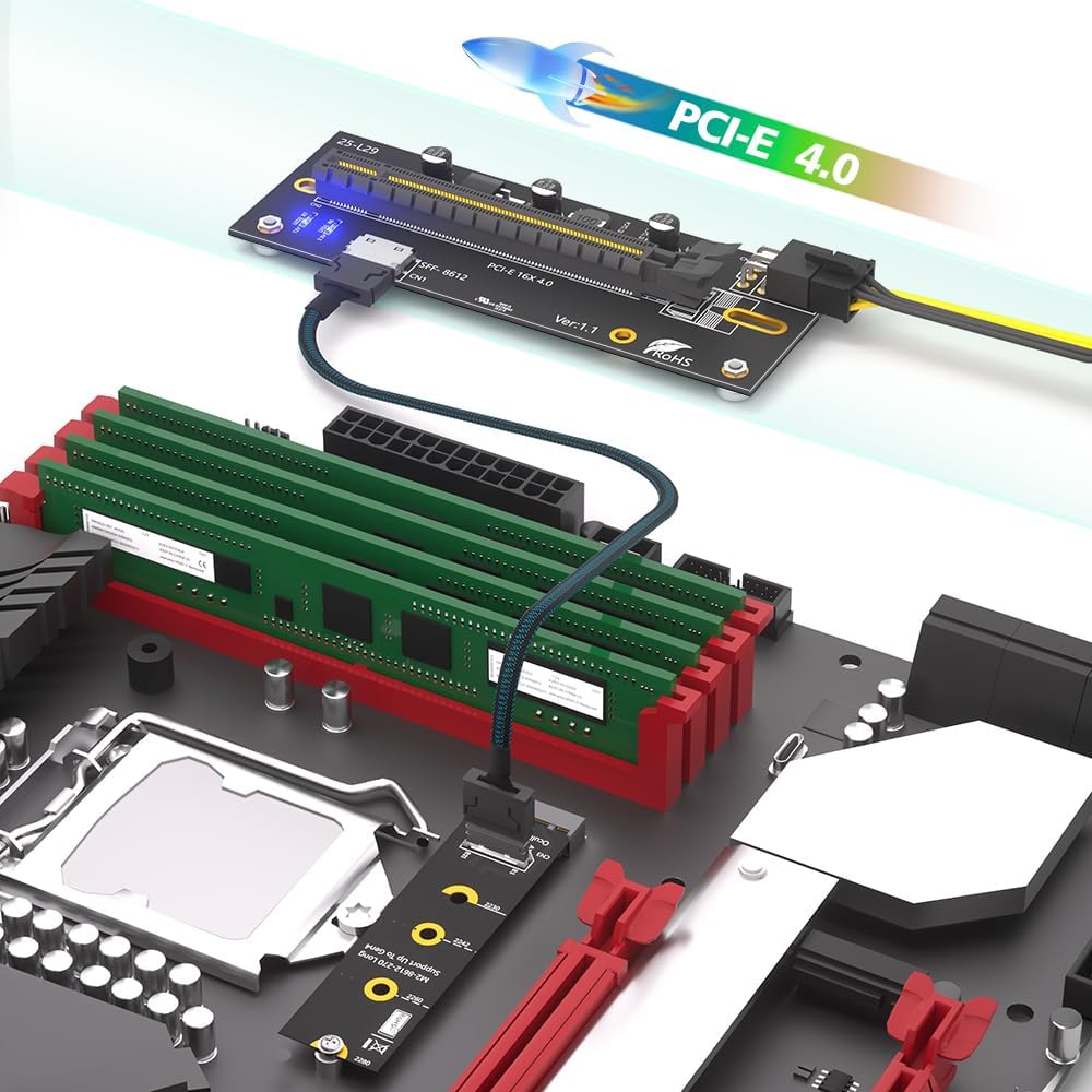 HLT M.2 M-Key to PCI-e 4.0 X16 External Graphics Card Expansion Card with Oculink SFF-8612/8611, 50cm Extension Cable Included, ATX 6Pin Compatible with 2242/2260/2280