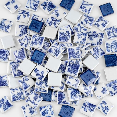 Yatinkim 1x1 Inch 121 Pcs Ceramic Mosaic Tiles for Crafts Adults Kit Blue and White Tile Sheet China Ceramic Art Tile Handcraft Porcelain Tiles Home Wall Floor Pool Flower Pots Decor