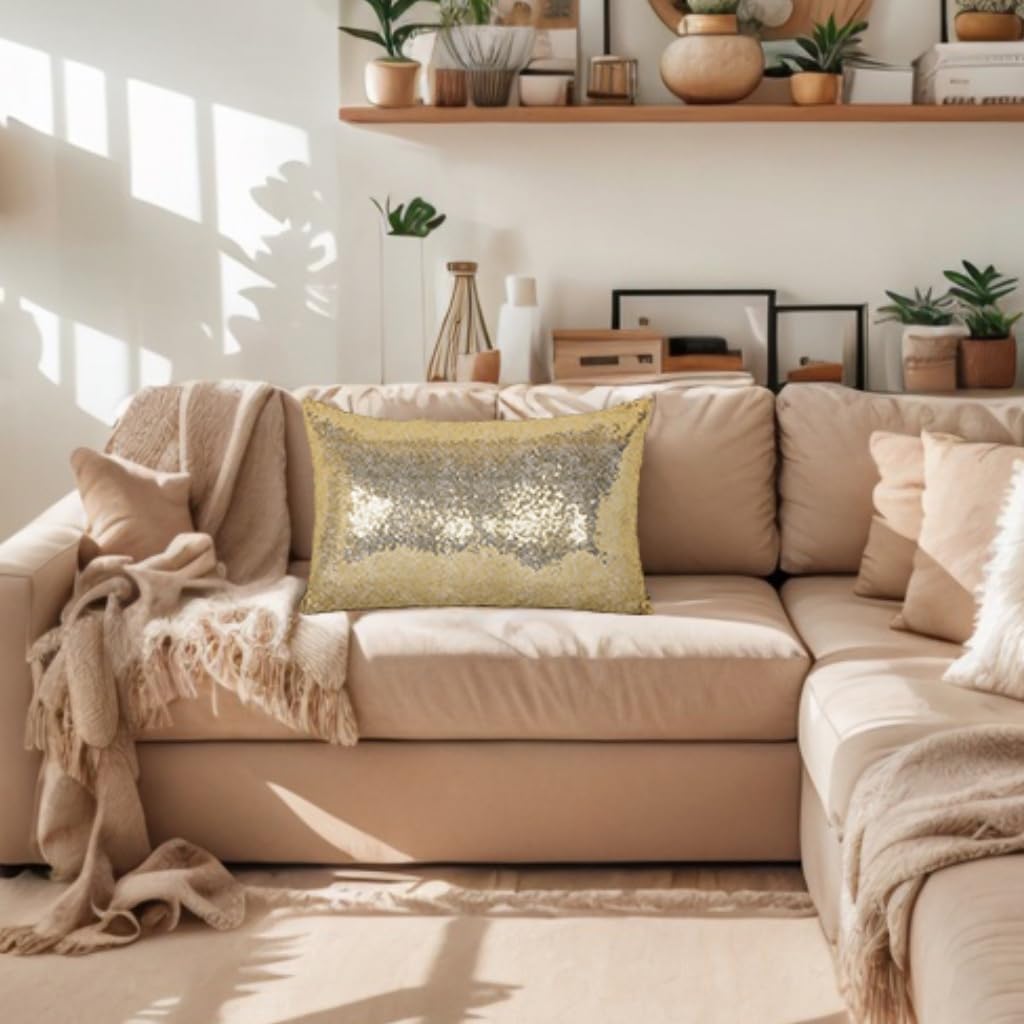 ShinyBeauty Champagne Gold Throw Pillow Covers 12X20 Inches Set of 2, Rectangle Pillow Cover, Light Gold Fabric Sequin Pillow Case for Couch,Sofa,Bed,Living Room Pillows Home Decorations